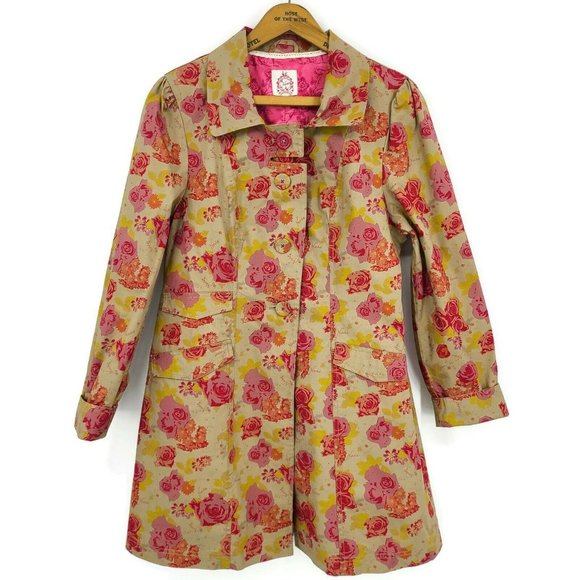 Ness Jackets & Blazers - Ness Floral Roses Jacket Womens US 10 Cotton Coat Pink Button Front Pockets